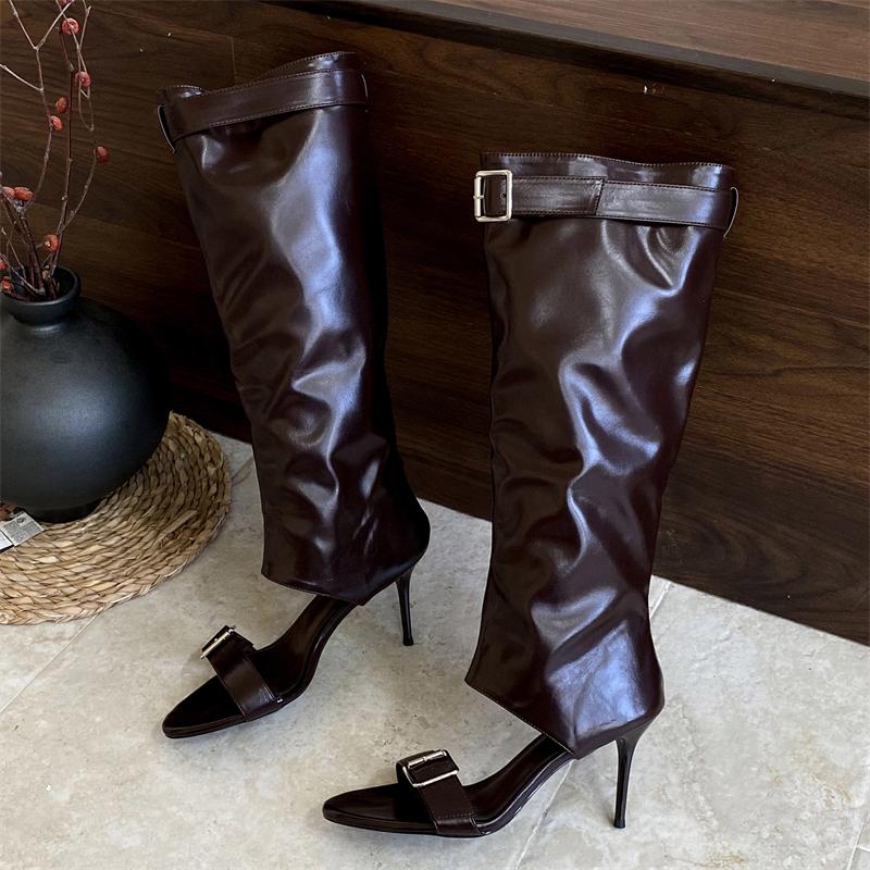 Mode Eilyken Ny Mode Peep Toe Dam Knähöga Stövlar Sandaler Designer Bältesspänne Smala Höga Klackar Gladiator Dam Skor