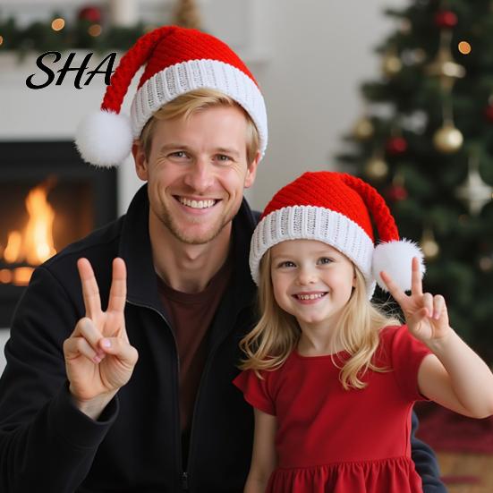 Soft Waxy Winter Hat for Adults Santa Hat, Red Knitted Christmas Kids Adults, Warm Festive Headgear Xmas Party with White Pompom Holiday Accessory