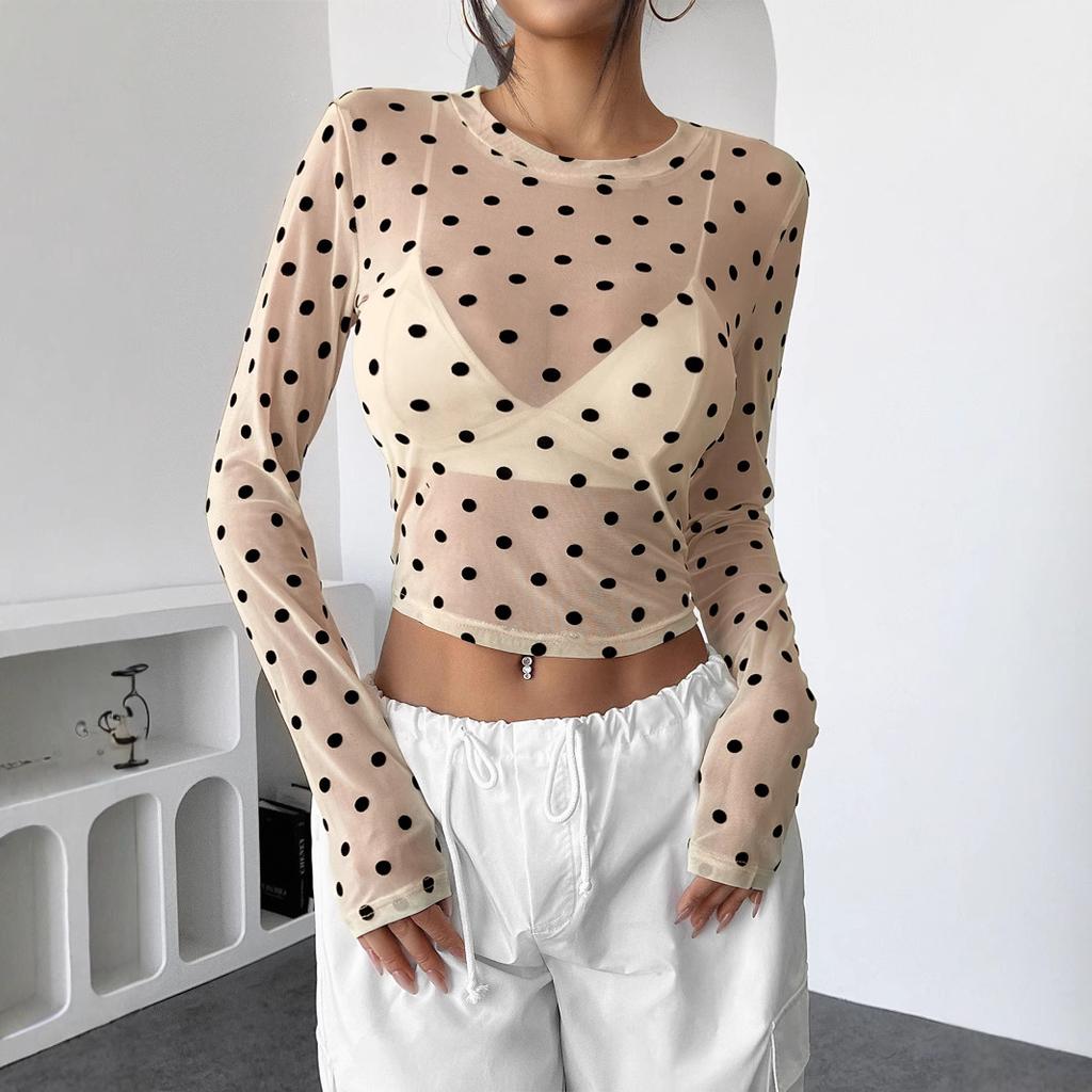Frühling Y2K Sexy Durchsichtig Gepunktet Enganliegend Netz Rundhals Langarm T-Shirt Damen Mode Täglich Basis Lässig Enganliegend Damen Elegantes Oberteil