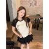 Bow splicing contrasting color short-sleeved t-shirt women's summer spice girl slim-fitting beautiful fashion temperament short top