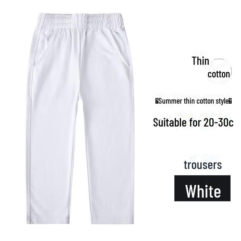 Tmavě modré školní sportovní kalhoty z čisté bavlny pro žáky prvního stupně - chlapci a dívky, volný střih, letní kalhoty.