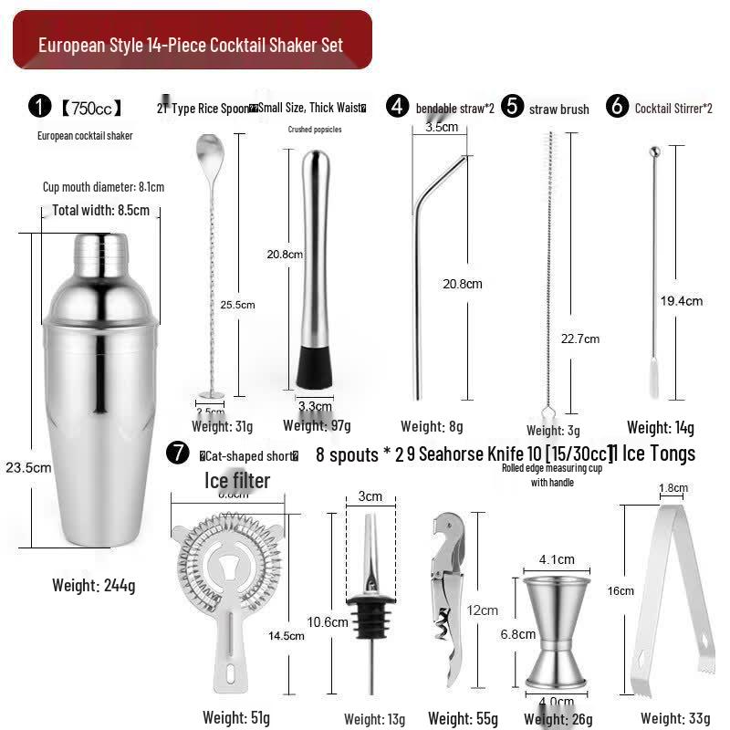 Handun 14-Piece 750cc Stainless Steel Cocktail Shaker Bar Set