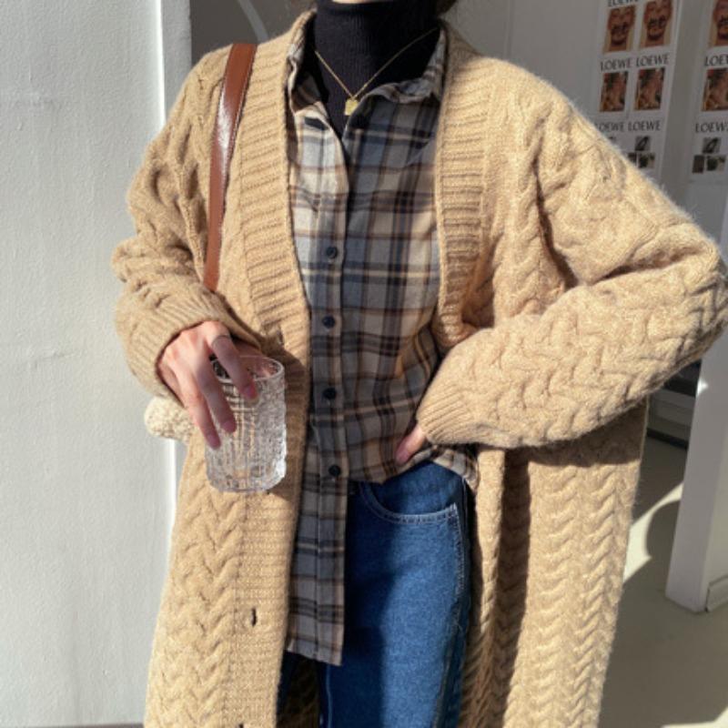 

Ранняя осень ретро коса вязаный кардиган женский средней длины до колена свободный V-образный вырез универсальный однотонный утолщенный свитер-жакет average size (sheep wool weighs about 1kg) верблюд