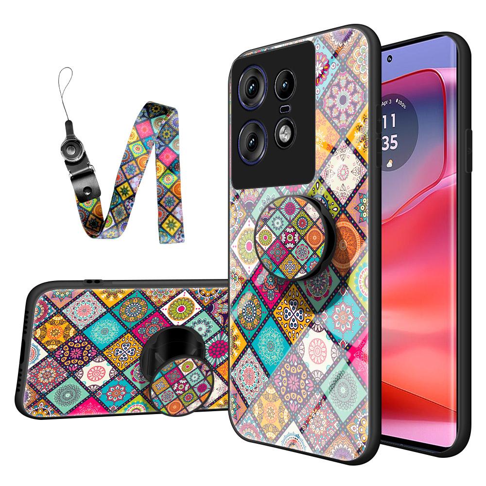 

For Motorola Edge 50 Pro 5G Case Kickstand Ethnic Pattern Tempered Glass Phone Cover with Strap Checkered Pattern
