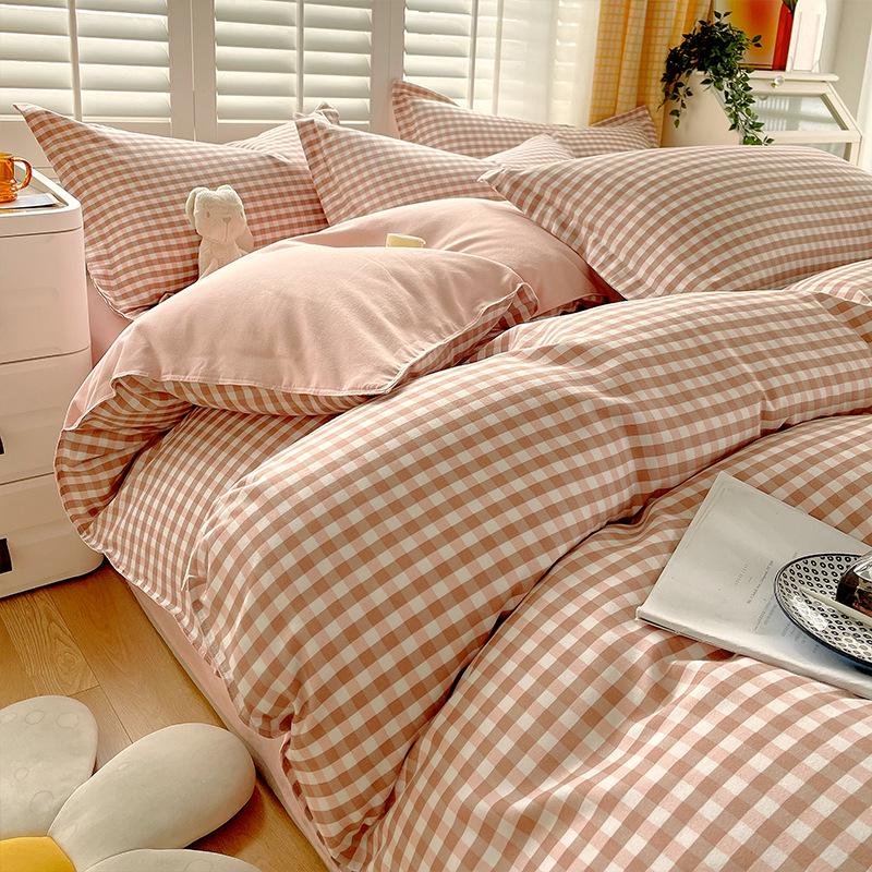 Muji Japanese Washed Cotton Flannel Plaid Bedding Set - 4 Pieces, Good Quality, Student Dormitory Style