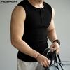 INCERUN Mens Summer Button O-neck Sleeveless Solid Color Casual Rib Tank Tops