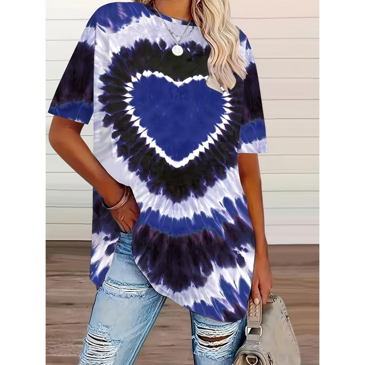 

New Plus Size Women s Tie-dye Love Heart Print T-shirt, Casual Short Sleeve Top for Spring Summer 1XL королевский синий