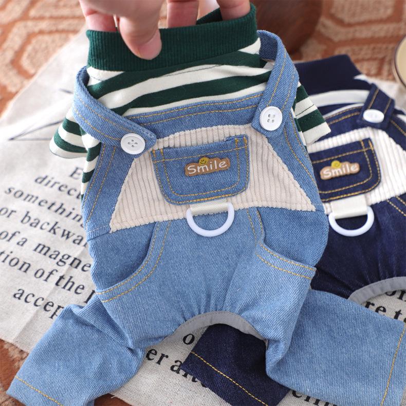 Pet clothes can lead dogs Classic striped denim overalls Autumn and winter models dog costume