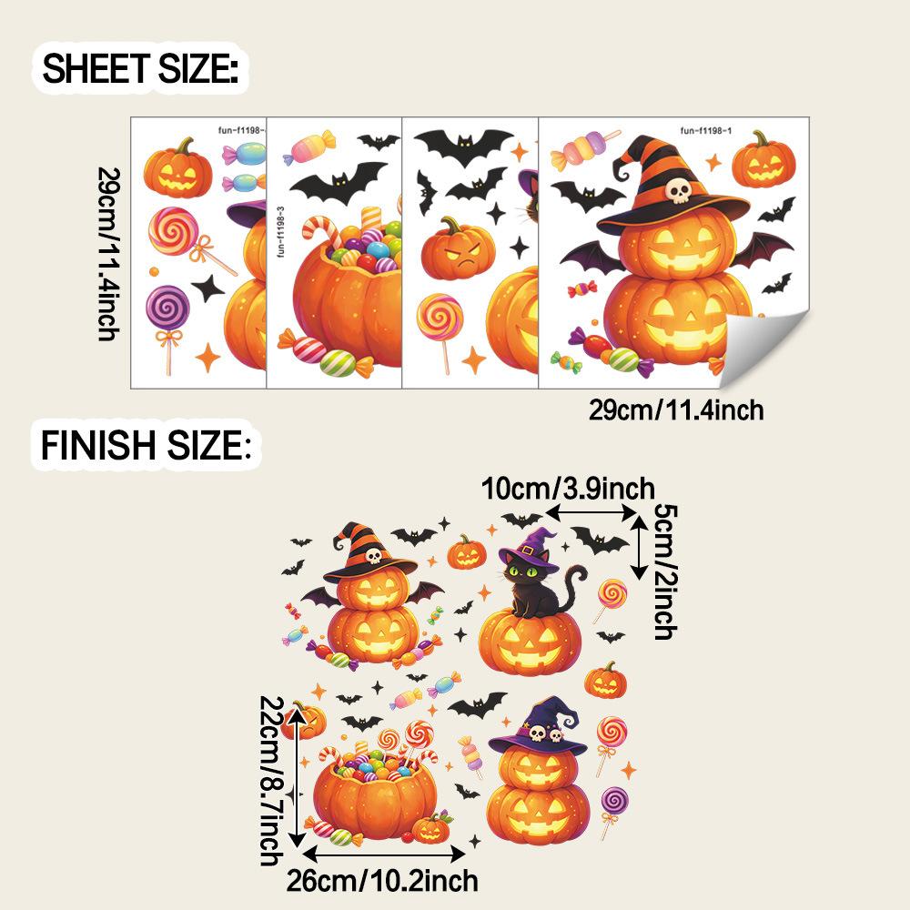 Halloween-themed Decorations: Carved Pumpkins, Candies, Black Cats, Window Beautification, Window Stickers