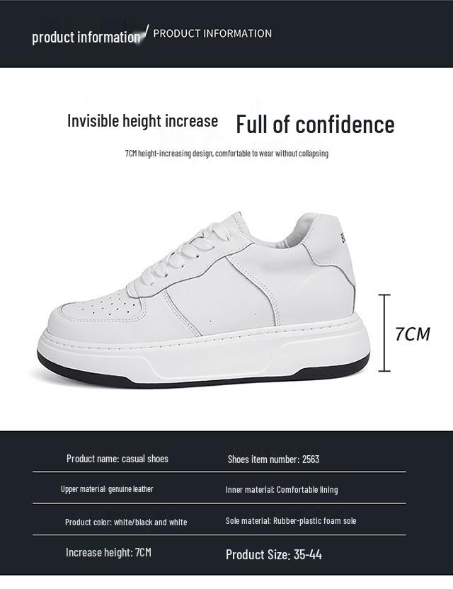 Men's 6cm Height-Increasing Breathable White Leather Sneakers