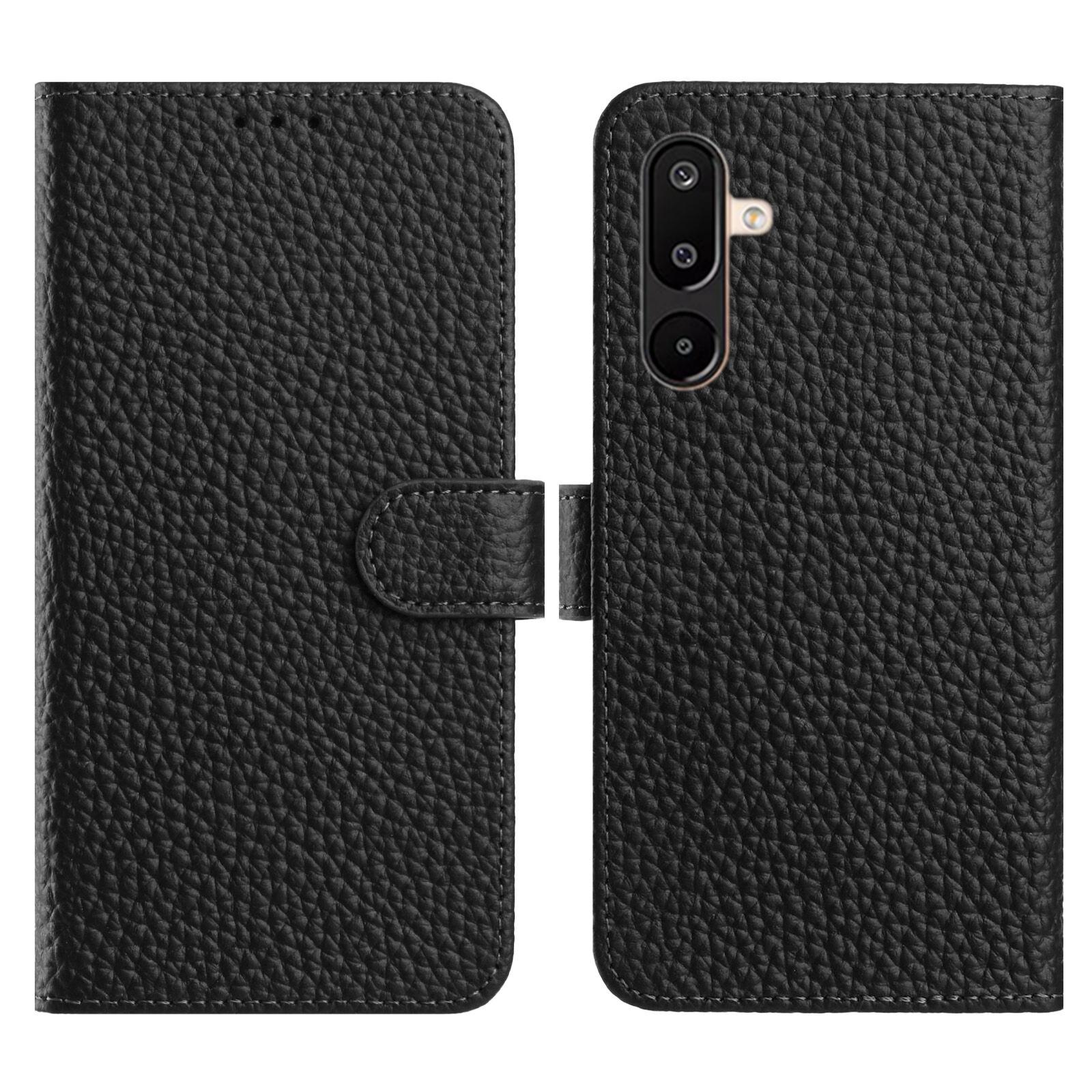 

For Samsung Galaxy M36 5G Case Wallet Stand Litchi Texture Genuine Cow Leather Flip Phone Cover Black