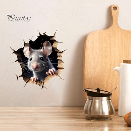 Wasserdichter PVC-Tieraufkleber Graue Maus Spähend Wandaufkleber, 3D-Loch-Effekt-Sticker, Abnehmbare Wandmalerei für Wohnzimmer Schlafzimmer Fenster Langlebig Außen