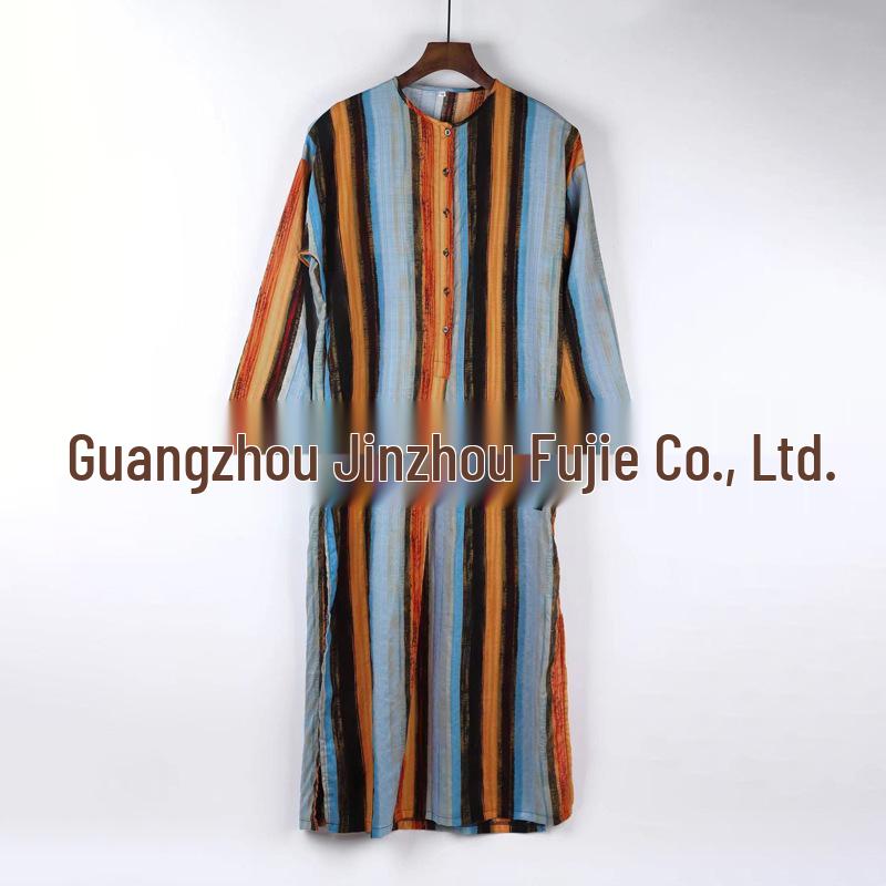 Men's Ethnic Striped Stand-Collar Long Sleeve Robe - Southeast Asian & Middle Eastern Style