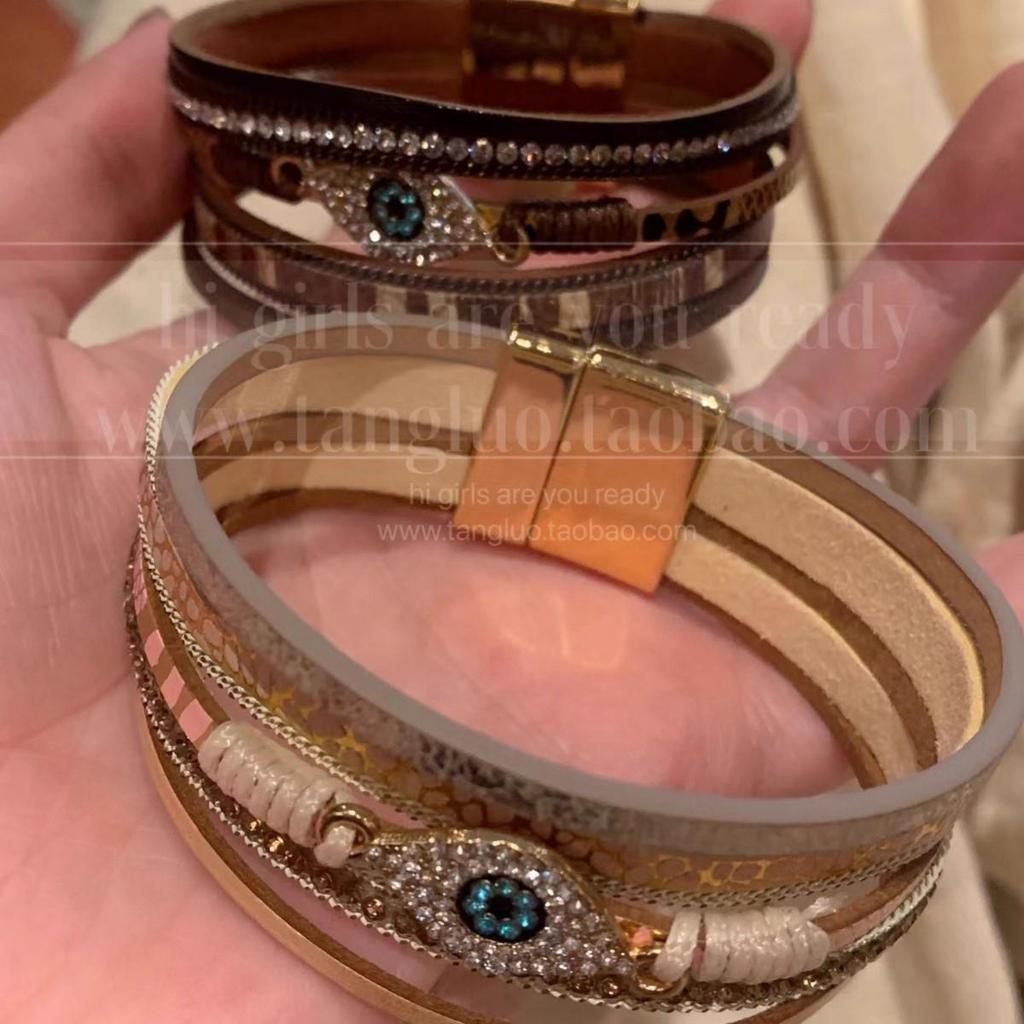 Retro Leather & Diamond Devil's Eye Magnetic Bracelet - Bohemian High-End Jewelry