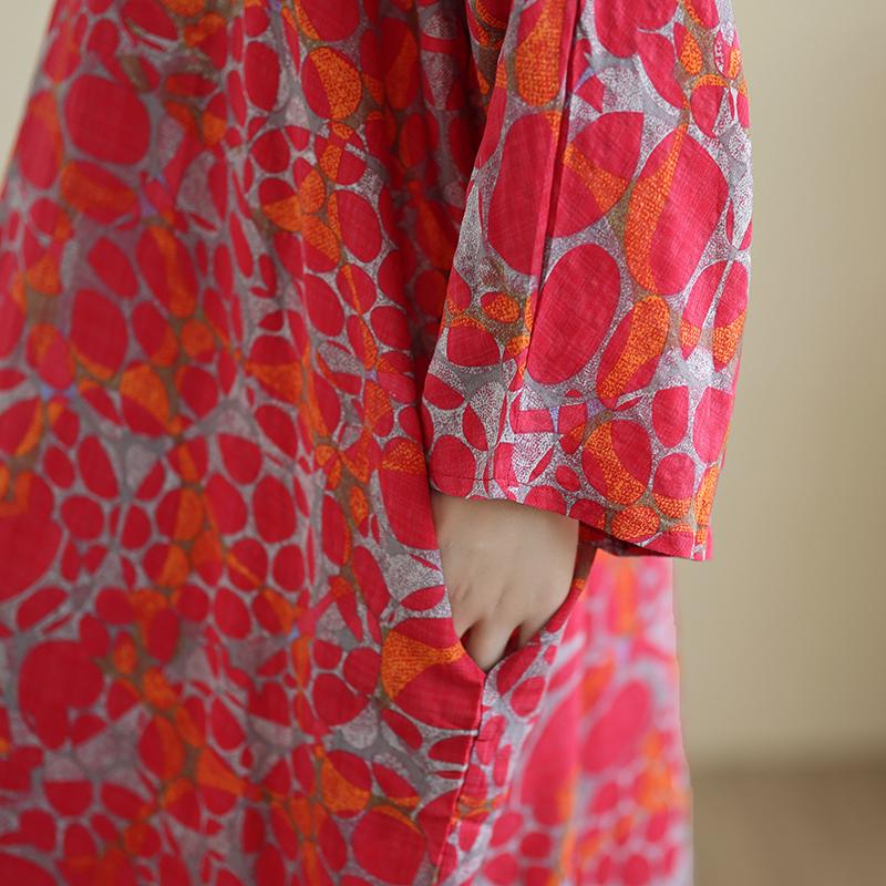 DIMANAF 2025 Women Plus Size Spring Long Dress Loose V-Neck Printing Vintage Casual Floral Oversize Long Sleeve 5034