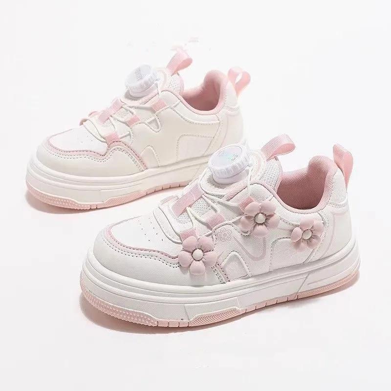 

Girls Princess Skate Shoes Rotating Button Non-slip Kids Casual Shoes with Flowers New Children Sports Shoes Sweet Soft 37