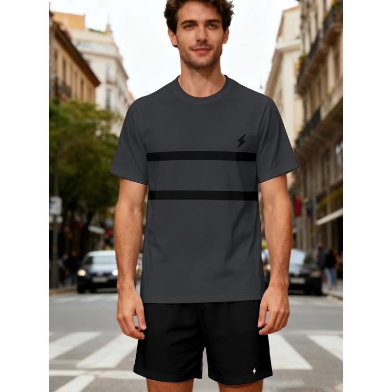 Plus Size Men's Casual Sports Suit Summer Stripes Printed T-Shirt And Shorts Set Breathable Outdoor Leisure Two Piece Outfit For Adult Men