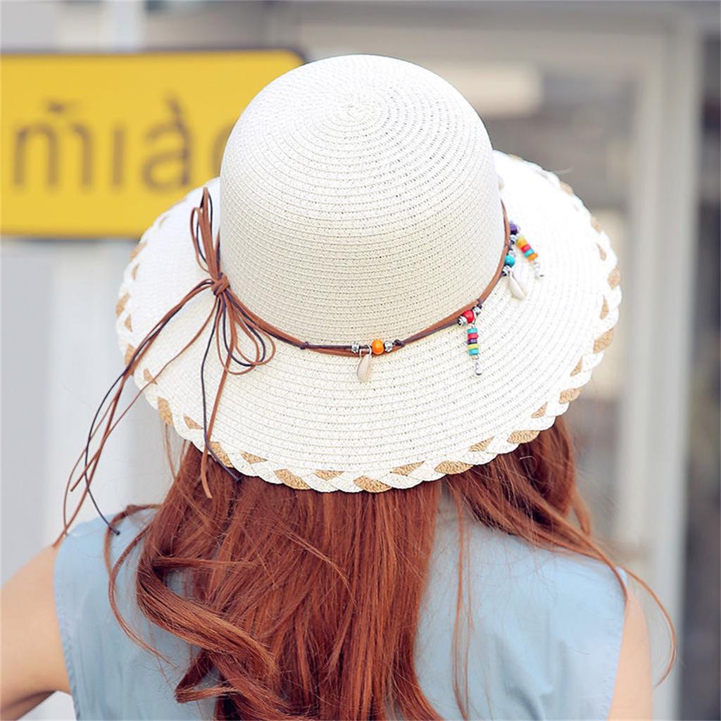 Wide Brim Beaded Decor Straw Hat Women Summer UV Protection Bucket Hats Outdoor Beach Holiday Sun Caps Boho Style Sun Hat