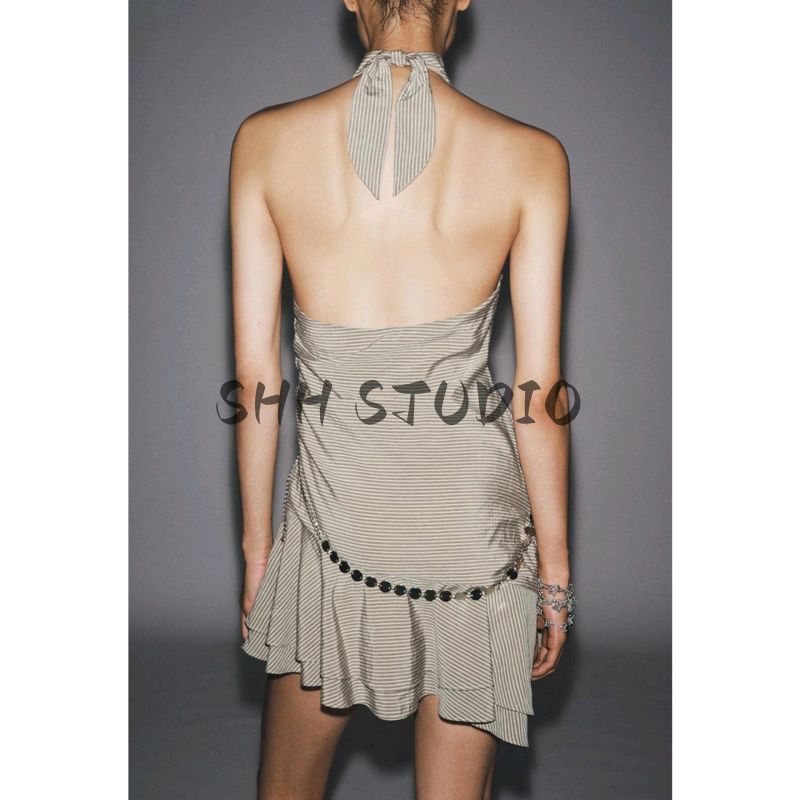 Summer New Product Women's Clothes Ins Style Bowknot Decoration Hanging Collar Stripes Belt Short Dress 8066246