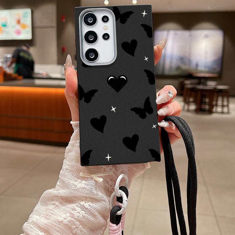 Love Heart Butterfly Print Stoßfeste weiche Handyhülle für Samsung S25 Ultra S24 FE S23 S22 S21 A16 A55 A56 A15 A36 Crossbody Rope Matte TPU Slim Cover