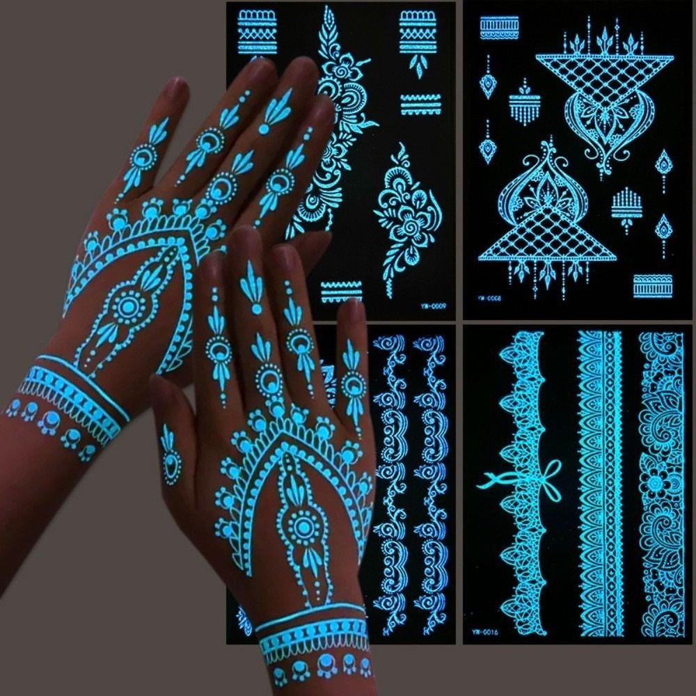 6 Sheets Lasting Mandala Temporary Tattoos Blue Luminous Lace Fake Tattoos  for Women