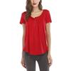 Women Multicolor V Neck Button Decor Short Sleeve Pleated Loose Tunic Blouse