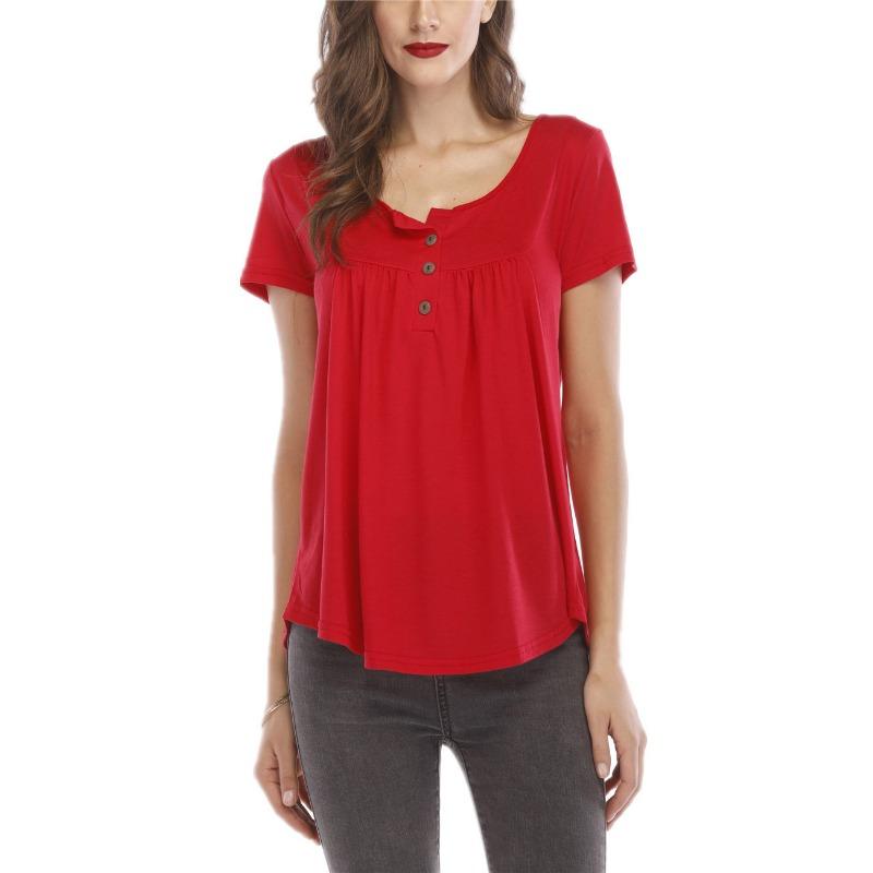 Women Multicolor V Neck Button Decor Short Sleeve Pleated Loose Tunic Blouse