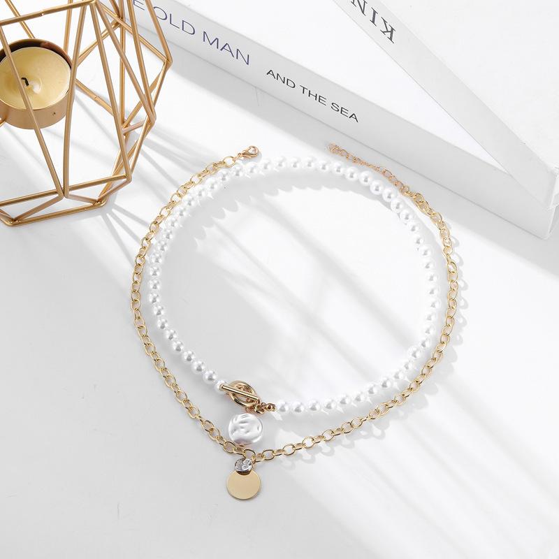New Korean Version Fashion Temperament Elegant Angel Wings Pearl Double-layer Necklace Hip-hop Sweet Cool Wind Round Brand Collarbone Chain