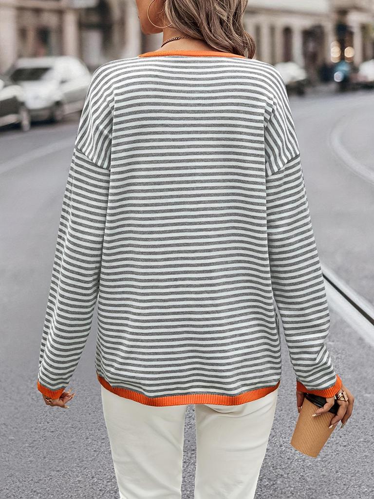 2024 Autumn Women's Striped Long Sleeve Round Neck Knit Pullover Sweater