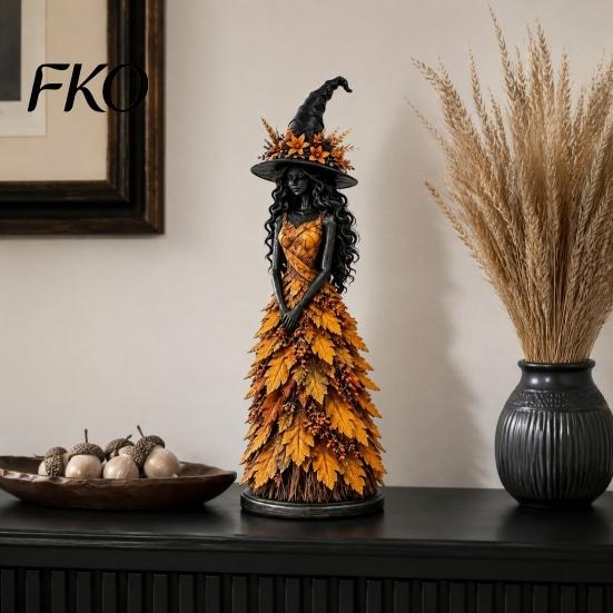 Indoor Fall Decorations Autumn Witch Figurine Statue, Resin Halloween Tabletop Decor, Seasonal Room Accessories Shelf Ornament for Mantel Fireplace