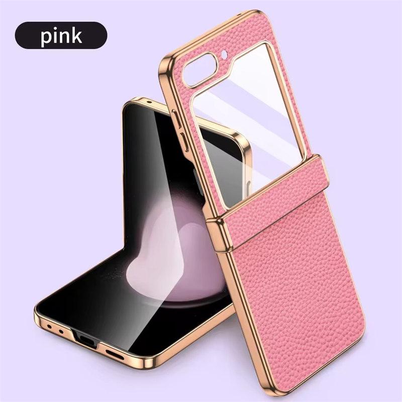 Telefonveske av okseskinn til Samsung Galaxy Z Flip6 Flip5 Flip 6 5 ZFlip5 Luksus hengselbeskyttelsesdeksel med herdet glass