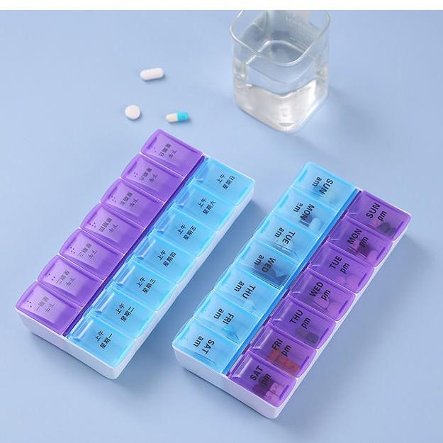 Double Row 14-Compartment Weekly Large Pill Organizer - Portable Flip-Top, Food Grade Plastic