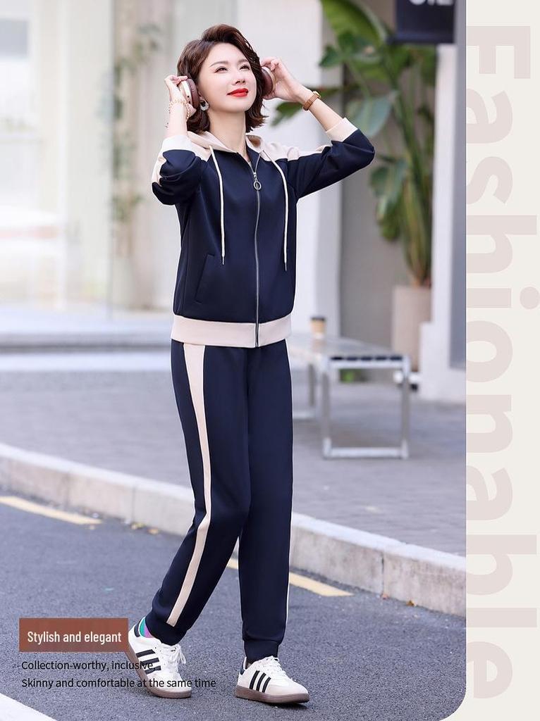 Spring Women's Casual Two-Piece: Loose Zipper Jacket & Elastic Waist Long Pants - For Middle-Aged and Elderly Women.