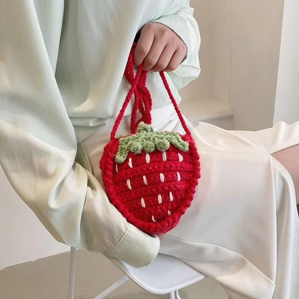 Cute Handmade Strawberry Crossbody Bag Two-Tone Woven Design Crochet Woven Bag Mini Size Crochet Yarn Women's Bag for Women