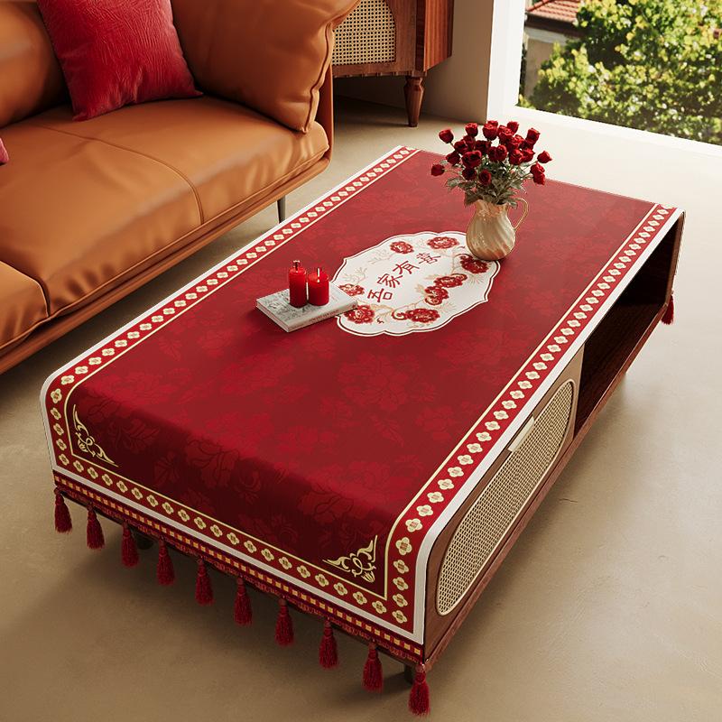 Red Festive Living Room Wedding Coffee Table Tablecloth Atmosphere Engagement Rectangular Dining Table Tablecloth Desktop Dust Cover