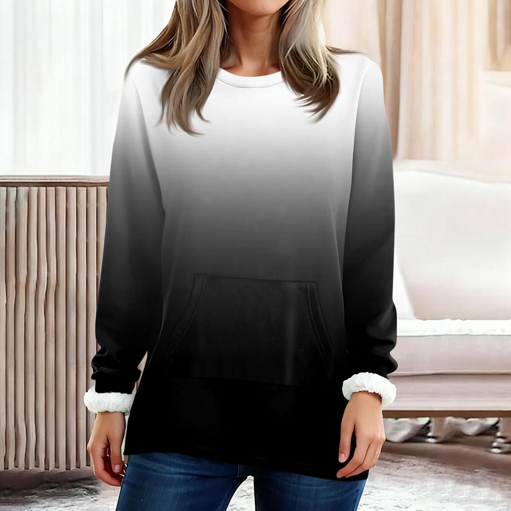 Women's Fashionable Printed Round Neck Long Sleeved Plush Warm Pullover Top