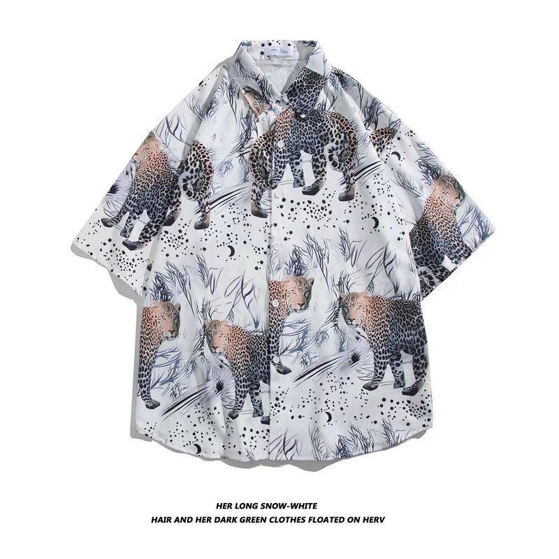 

Летняя мужская модная гавайская рубашка в корейском стиле с коротким рукавом, леопардовый дизайн, повседневные пляжные рубашки с цветочным принтом, одежда для морского курорта белого цвета