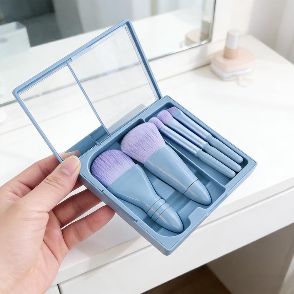 Hot Selling 5-in-1 Mini Makeup Brush Set with Mirror Travel Size Eyeshadow Powder Foundation Brush Beauty Tool