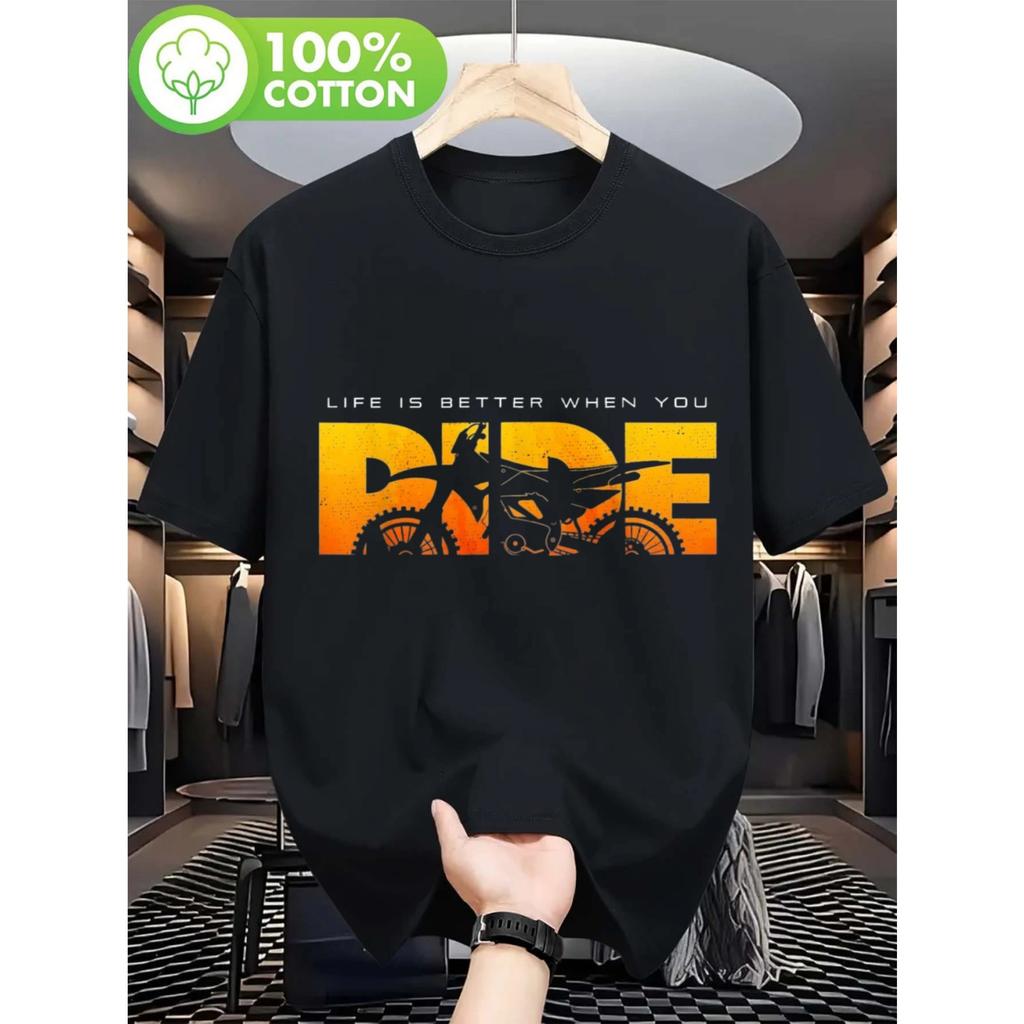 Men's Pure Cotton Off-road Motorcycle T-shirt Off-road Rider Pattern and Slogan _riding More Exciting_ Motorcycle Themed T-shirt