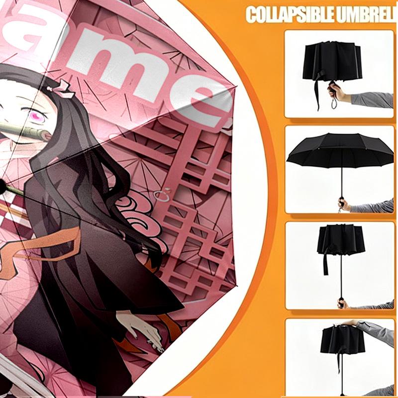 Custom Name Personalized Demon Slayer Print Umbrella, Auto Open Close, 8‑Rib Sturdy Frame, Commute Camping Hiking Use, Birthday Gift