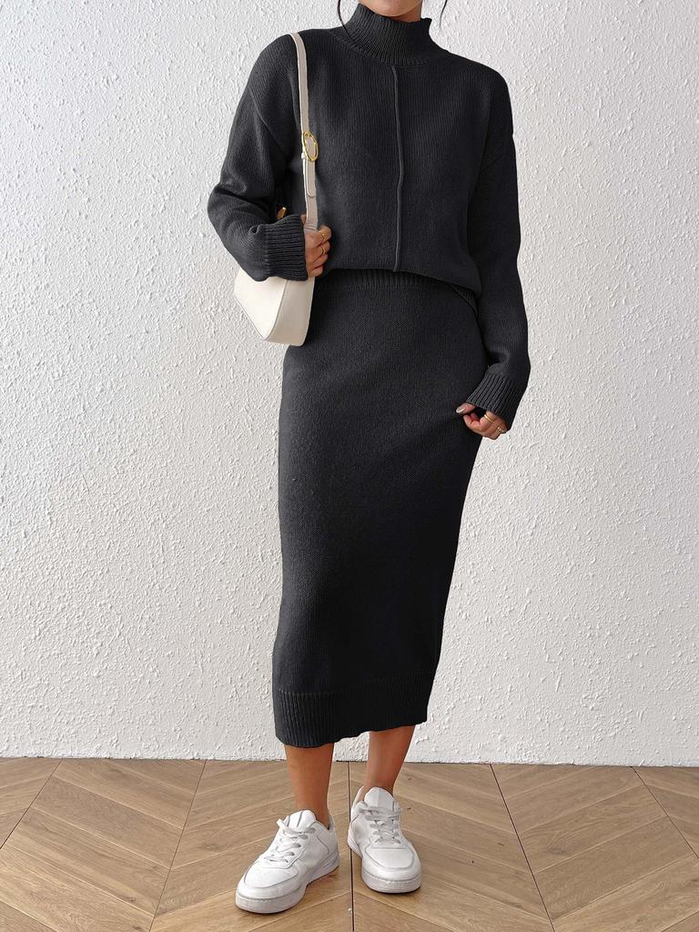 Women's Solid Color Elegant and Stylish Solid Color Set, Semi-high Neck Pullover Sweater, Hip Skirt, Half Skirt Two-piece Set