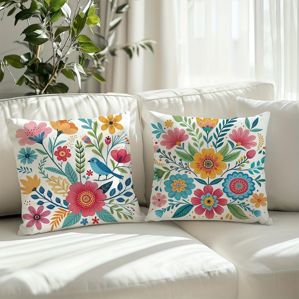Colorful Floral - Bird Cheerful Pillow CoversLiving Room Sofa Cushion Cover, Soft and Comfortable, Bedroom Room Decoration