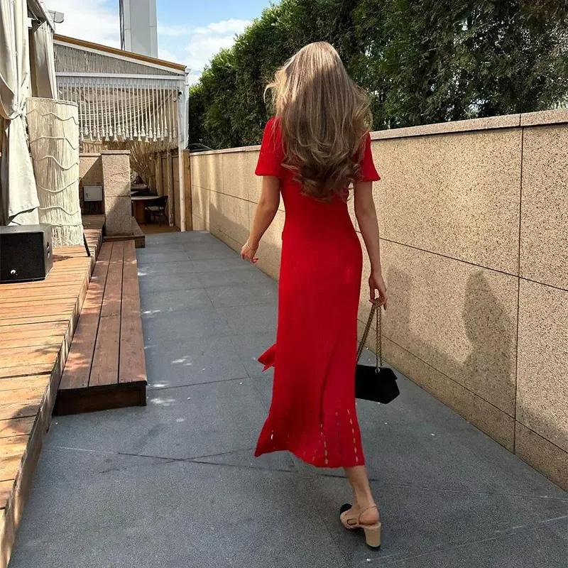 Women Fashion Contrast Single Breasted Knitted Dress Lapel Short Bubble Sleeve Hollow Out Slimming Long Dresses