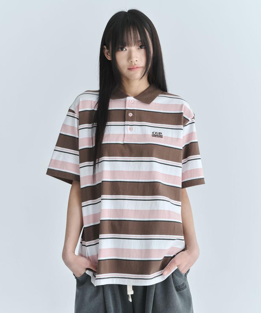CGP Multi-Stripe Short-Sleeve Collared T-Shirt - Brown