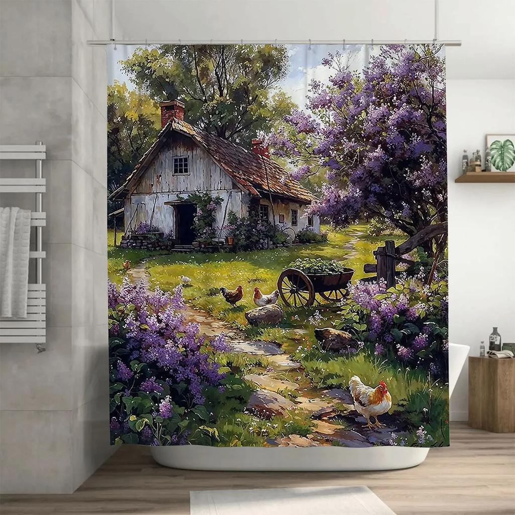 Cottage Rustico con Galline e Fiori Tenda da Doccia Impermeabile Resistente al Calore Lavabile in Lavatrice Non Trasparente 180x180cm