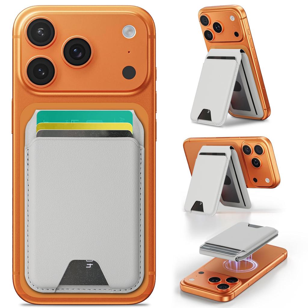 MagneticCard Holder Stand Leather Phone Back Wallet with Rotating Hinge Detachable Kickstand for iPhone Stick-on Desktop Stand for Credit Cards