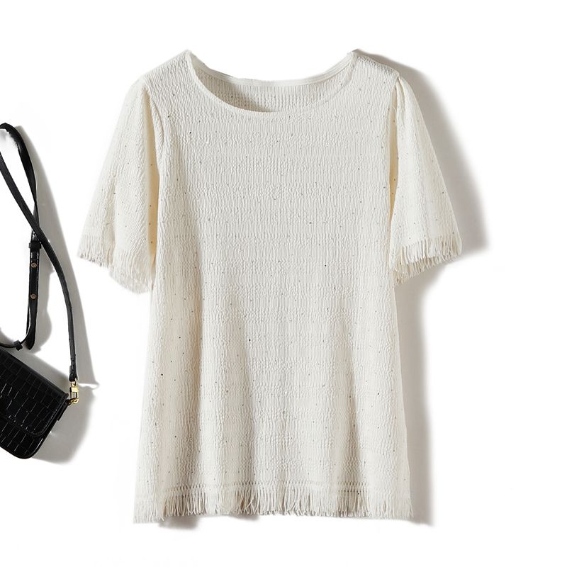 

Рами Хлопок Трикотаж! Экспортная летняя однотонная футболка со звездными стразами для одиноких девушек, не потеющая, с обработкой краев рыбий ус White L