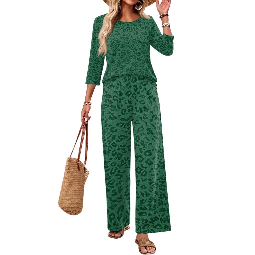 Women's Casual Leopard Print Two-Piece Set - Round Neck Loose Fit 3/4 Sleeve Top and Long Pants