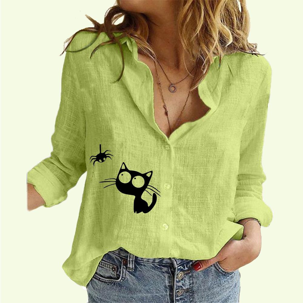 Women Lapel Neck Fashion Shirt Spring&Autumn Cotton Linen Top Ladies Casual Summer Print Blouse