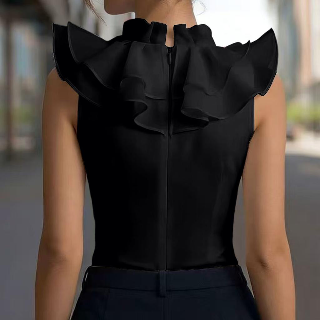 Women's Ruffle Detail Sleeveless Blouse V Neck Layered Ruffled Front Shirt Top Elegant Design Slim Fit